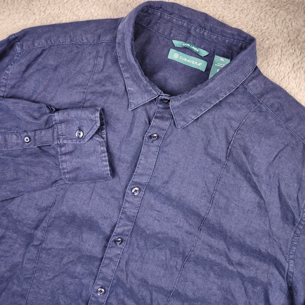 Cubavera Button Down Shirt Mens XL Blue 100% Linen Long Sleeve Guayabera Style